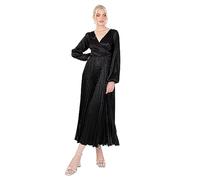 Lovedrobe Women's Midaxi Dress Ladies Black Pleated Satin Wrap V-Neckline Long Bishop Sleeve Open Back for Evening Party Occasion, Black, 22