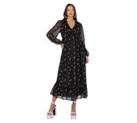 Lovedrobe Women's Midaxi Dress Ladies Long Sleeve V-Neckline Tie Back Frilly Ruffle Detail A-line Printed Smart Casual Occasion, Black, 12