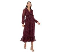 Lovedrobe Women's Midaxi Dress Ladies Long Sleeve V-Neckline Tie Back Frilly Ruffle Detail A-line Printed Smart Casual Occasion, Hot Pink, 26