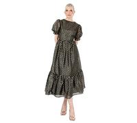 Lovedrobe Women's Midaxi Dress Ladies Round Neck Short Puff Sleeves Metallic Zig-Zag Tie-Back A-line for Party Evening Occasion, Black, 12