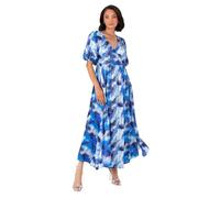Lovedrobe Women's Midaxi Dress Ladies Satin Short Puff Sleeve V-Neckline Wrap A-line Floral Print Evening Occasion Wedding Guest, Blue 14