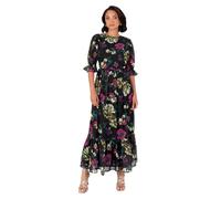 Lovedrobe Women's Midaxi Dress Ladies Short Puff Sleeve Round Neck Floral Chiffon Ruffle Tiered Bottom Hemline A-line Occasion, Black 40, Black, 14