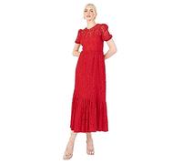 Lovedrobe Women's Midaxi Dress Ladies Red Short Sleeve Round Neck Puff Lace Empire A-line Bow Tie Open Back for Evening Occasion, Red, 20