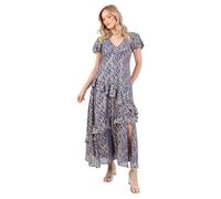 Lovedrobe Women's Midaxi Dress Ladies V-Neck Flutter Sleeve A-line Gold Detail Tiered Asymmetric Ruffle Frill Leg Split Evening, Blue 10