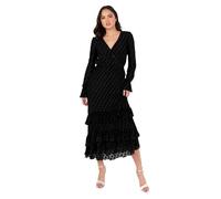 Lovedrobe Women's Midaxi Dress Ladies V-Neckline Long Sleeve Tiered Ruffle Frill Hem Flocked A-line Evening Occasion, Black 14