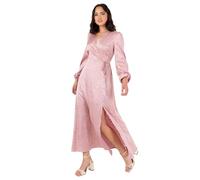 Lovedrobe Women's Midaxi Dress Ladies Wrap V-Neck Long Bishop Sleeve Satin Gold Fleck Side Tie Belt Split A-line Wedding Guest, Dusky Pink 48, Blush Pink, 22