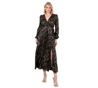 Lovedrobe Women's Midaxi Dress Ladies Wrap V-Neck Long Bishop Sleeve Satin Gold Fleck Side Tie Belt Split A-Line Wedding Guest, Black 38, Black, 10