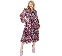 Lovedrobe Womens Midi Dress for Plus Size Women Flower Pattern with Collar Long Sleeve Ruffle V Neckline Slit for Summer Office Black Size 24
