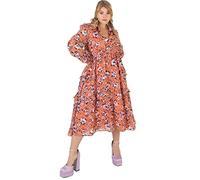 Lovedrobe Womens Midi Dress for Plus Size Women Flower Pattern with Collar Long Sleeve Ruffle V Neckline Slit for Summer Office Orange Size 24