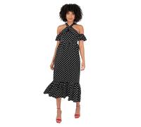 Lovedrobe Women's Midi Dress Ladies Halterneck Cold Shoulder Sleeve Ruffle Trim Polka Dot Tiered Bottom Hem A-line Keyhole Back, Black 10