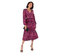 Lovedrobe Women's Midi Dress Ladies Long Balloon Sleeve V-Neck Satin Button Front Split Vibrant Print A-line Evening Occasion, Fuchsia Pink 16