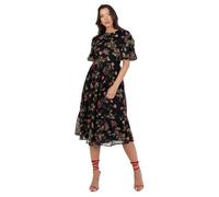 Lovedrobe Women's Midi Dress Ladies Round Neck Short Puff Sleeve Frilly Ruffle Detail Tie Back Printed A-line Smart Casual, Floral Print, 14