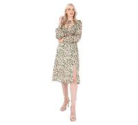 Lovedrobe Women's Midi Dress Ladies Satin Animal Print Long Sleeve Sweetheart Queen Anne Neck A-line Tie Neck Slit Split Casual, Green, 26