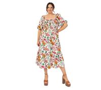 Lovedrobe Women's Midi Dress Ladies Short Puff Sleeves Square Neckline Floral Ruffle Frill Shirred A-line Milkmaid Summer Smock Ivory Floral Print 10