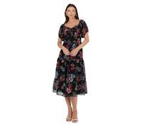 Lovedrobe Women's Midi Dress Ladies Sweetheart Neck Short Puff Sleeve Frilly Ruffle Detail Floral Print A-line Smart Casual, Black, 8