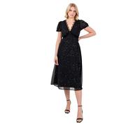 Lovedrobe Women's Midi Dress Ladies V-Neck Short Puff Sleeve Glitter Chiffon Lace Trim Side Split Shirred Back Party Evening, Black 16