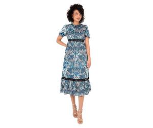 Lovedrobe Women's Midi Dress Round Neckline Short Puff Sleeve Tiered Hem Ruffle Abstract Print A-line Casual Occasion Blue 18, Blue, 20