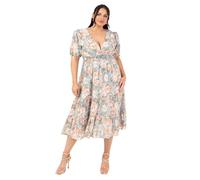 Lovedrobe Women's Ladies Midi Dress V-Neck Short Puff Sleeve Wrap Shirred Waist Floral Print Ruffle Fit and Flare Wedding Guest Apricot 12
