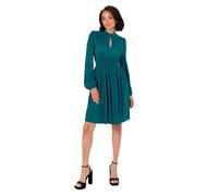 Lovedrobe Women's Mini Dress Ladies Long Balloon Sleeve High Neck Keyhole Detail Fit and Flare Pleated Cocktail Evening Occasion, Teal 46, Teal Green, UK 10.5