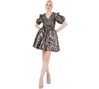 Lovedrobe Women's Mini Ladies Puff Short Sleeve V-Neck Ruffle Skater Metallic Empire A-line for Party Cocktail Evening Dress, Charcoal, 18