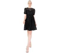 Lovedrobe Women's Mini Dress Ladies Black Short Sleeve Puff Animal Lace Round Neckline Open Back Ribbon Bow Tie Empire A-line, Black, 16