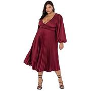 Lovedrobe Womens Pleated Midaxi Ladies Evening Gown V Neckline Back Keyhole Long Sleeve Bishop Satin A Line Dress, Red, 18 UK
