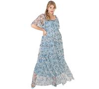Lovedrobe Women's Plus Size Maxi Dress for Ladies Short Flutter Sleeve Ruffle Pull On High Waist Square Neckline Blue Summer Dress, Blue, 18