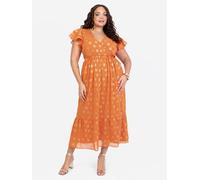 Lovedrobe Women's V Neck & Flutter Sleeve Metallic Midi Dress in Orange | Size: 16 Lovedrobe Orange 16