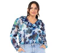 Lovedrobe Women's Women's Ladies Ruffle Top V-Neck Long Sleeve Button-up Frills Floral Print Metallic Smart Casual Office Wear Top Blouse, Blue,