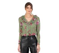 Lovedrobe Women's Women's Ladies Ruffle Top V-Neck Long Sleeve Button-up Frills Floral Print Metallic Smart Casual Office Wear Top Blouse, Green,