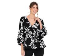 Lovedrobe Women's Wrap Top Peplum Blouse V-Neck Long Balloon Sleeve Leaf Print Fit and Flare A-line Smart Casual Monochrome 48, Monochrome, 22