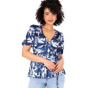 Lovedrobe Women's Wrap Top Short Puff Sleeve V-Neck Floral Print Peplum Satin Blouse Smart Casual Office Wear Navy Blue 48, Navy Blue, 22