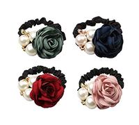 Lovef 4pcs Korean Fashion Pearl & Rhinestone Hair Ties - Rose Flower Hair Band Scrunchies (Pack of 4, Random Color)