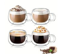 LoveFirst 4x150ml Double Walled Glass Coffee Cups with Handle, Espresso Coffee Glass Cups, Handmade Insulated Heat Resistant Borosilicate Glass, for Hot Drinks Tea Milk Juice Iced Americano
