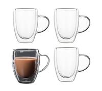 LoveFirst 4x350ml Large Capacity Double Walled Coffee Glasses Mugs with Handle Cappuccino Latte Macchiato Glasses Cups, Heat Resistant Dishwasher Safe for Hot Drinks Tea Milk Juice Ice Cream
