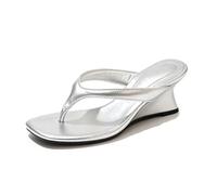 LOVEHEYNEW Women's Leather Wedge Flip Flops Trendy Dressy Round Open Toe Slip On Block Heeled Thong Sandals Summer Travel Vacation Beach Clip Toe Slides