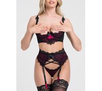 Lovehoney Lingerie Women's Black Boudoir Belle Cherry Quarter Cup Bra Set - With Suspender Belt & G String - Large: 14-16