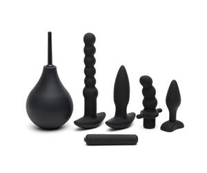 Lovehoney Bumper Booty Anal Toys Kit - 2 Butt Plugs, Anal Beads, Prostate Massager & Douche - Removable Bullet Vibrator Included - Silicone 6 Piece Adult Sex Toy Kit for Couples - Black