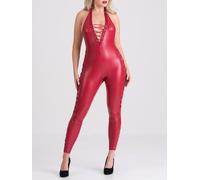 Lovehoney Fierce Leather Look Lace-Up Catsuit - Medium - Red Red