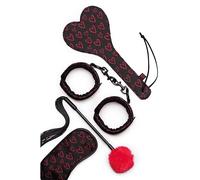 Lovehoney Heart Print 4 Piece Bondage Kit & BDSM Set, Sex Games for Couples | Teasing Sensory Play, Erotic Sex Toys for Adults, Blindfold, Handcuffs, Spanking Paddle & Double Ended Ticker & Flogger