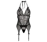 Lovehoney Lingerie P Boo Merry Widow Black Lace Bustier Set - Halter Neck, G String & Suspenders - Sexy Womens Lingerie Set - One Size: 8-16