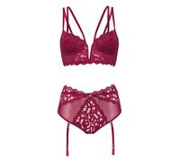 Lovehoney Lingerie Parisienne Bra & Crotchless Thong Set for Women, Red | Longline Plunge Padded Bra, High Waisted Knickers, Sexy Lingerie, Intimate Wear, Flattering Fit, Size Small 6-8