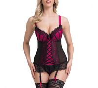Lovehoney Lingerie Women's Black Boudoir Belle Cherry Push-Up Basque Set - Sexy Bustier with Suspender Straps - Large: 14-16