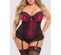 Lovehoney Plus Size Boudoir Belle Cherry Push-Up Basque Set - 1X / 2X - Black Black