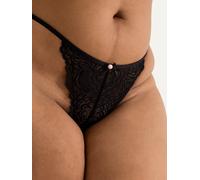 Lovehoney Plus Size Satin Romance Black Lace Pearl Thong - One Size Queen - Black Black