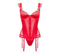Lovehoney Treasure Me Black & Red Push-Up Basque Set | Lace & Satin | Suspender Straps | S-XL