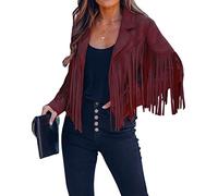 loveimgs Women Faux Suede Fringe Jacket Western Tassel Cropped Jacket Biker Motorcycle Leather Jacket, Wine Red, Medium