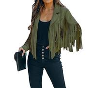 loveimgs Women Faux Suede Fringe Jacket Western Tassel Cropped Jacket Biker Motorcycle Leather Jacket, Army Green, Medium
