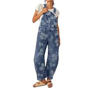 loveimgs Women Floral Print Denim Overalls Baggy Barrel Jeans Patchwork Denim Pants Y2k Straps Wide Leg Jumpsuit One Piece, Retro Blue, Small