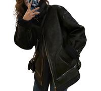 loveimgs Women Oversized Faux Suede Moto Jacket Sherpa Fleece Lined Leather Jacket Aviator Shearling Fur Coat Overcoat, Black, Large